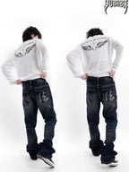 YUBABY Navy Calligraphy Print Slimming Pockets Mid Rise Women's Cotton Straight Jeans