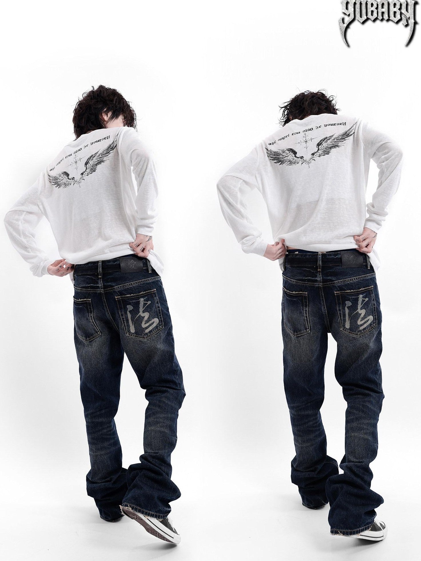 YUBABY Navy Calligraphy Print Slimming Pockets Mid Rise Women's Cotton Straight Jeans