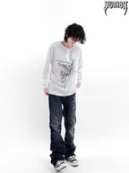 YUBABY Navy Calligraphy Print Slimming Pockets Mid Rise Women's Cotton Straight Jeans