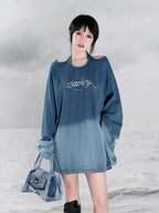 YUBABY Ombre Tie Multiway Loose Women's Metallic Navy Long Sleeve T-shirts