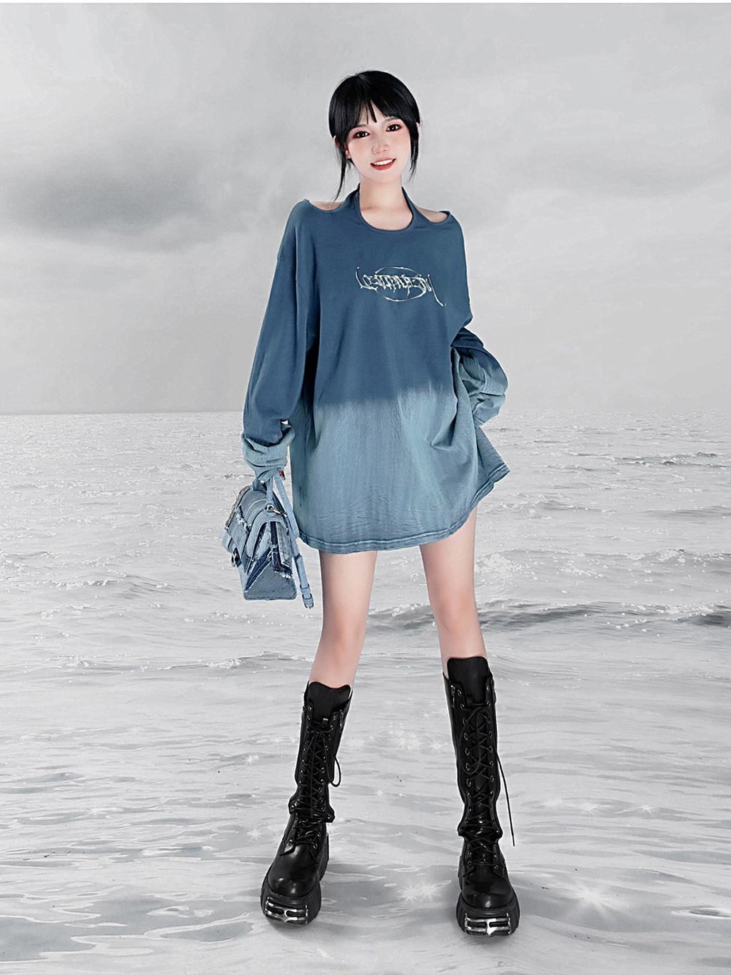 YUBABY Ombre Tie Multiway Loose Women's Metallic Navy Long Sleeve T-shirts