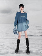 YUBABY Ombre Tie Multiway Loose Women's Metallic Navy Long Sleeve T-shirts