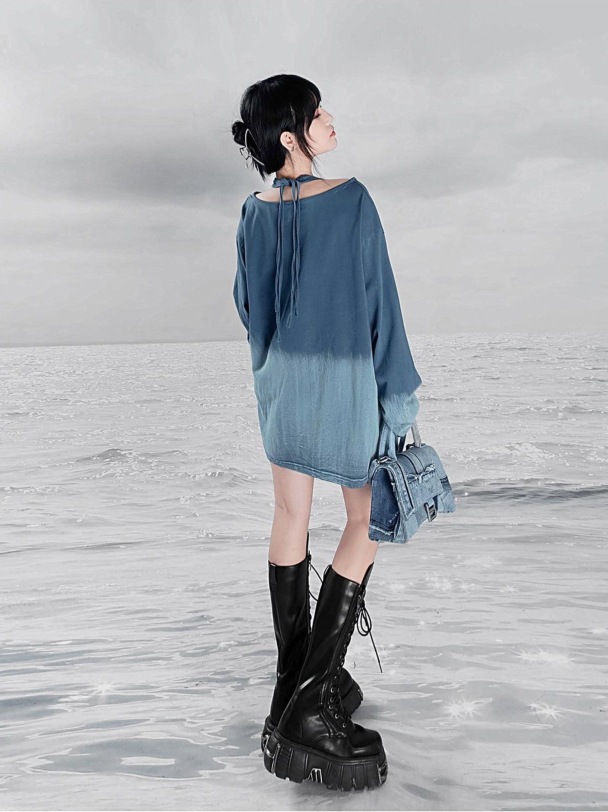 YUBABY Ombre Tie Multiway Loose Women's Metallic Navy Long Sleeve T-shirts