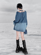 YUBABY Ombre Tie Multiway Loose Women's Metallic Navy Long Sleeve T-shirts