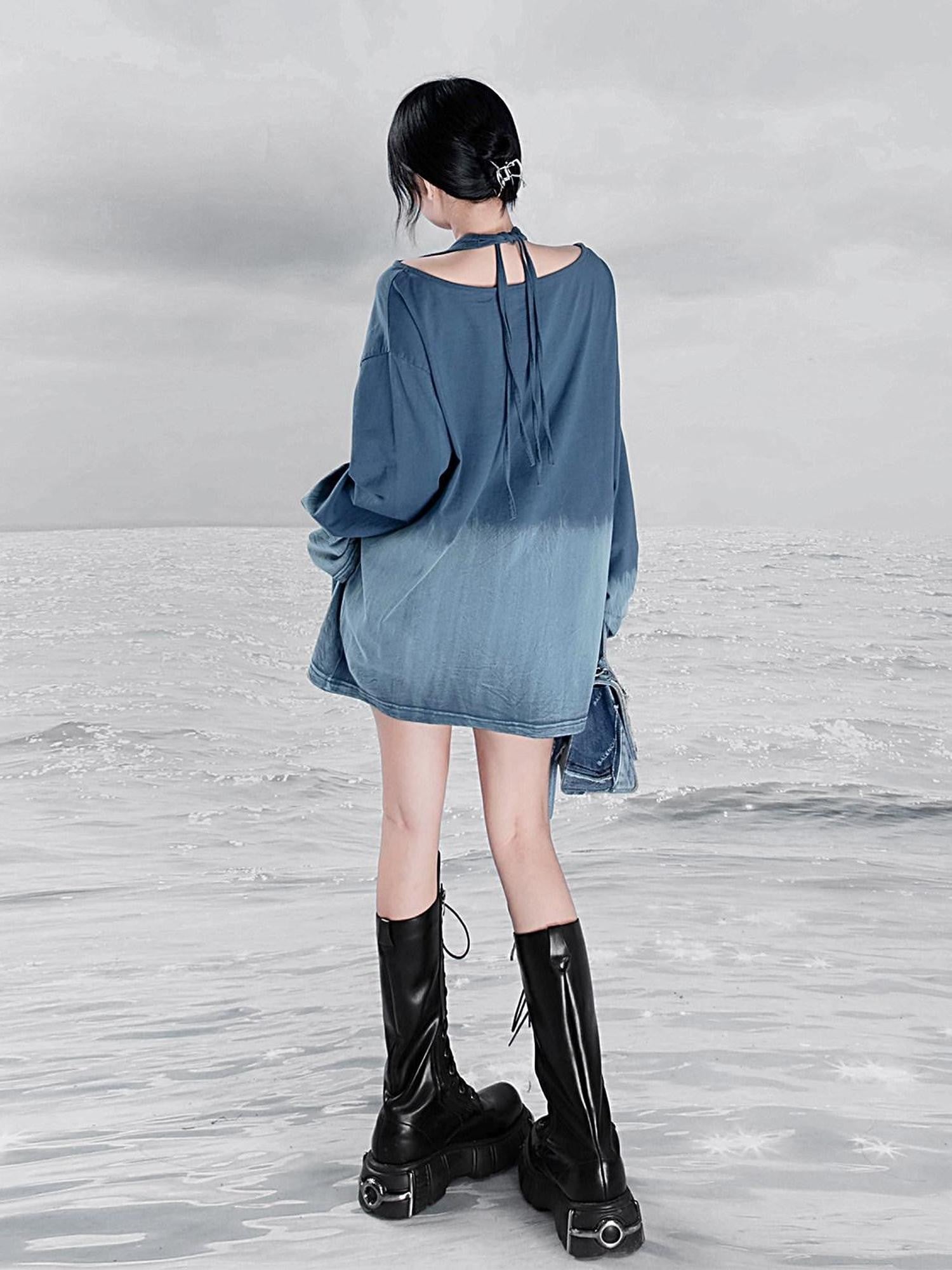 YUBABY Ombre Tie Multiway Loose Women's Metallic Navy Long Sleeve T-shirts