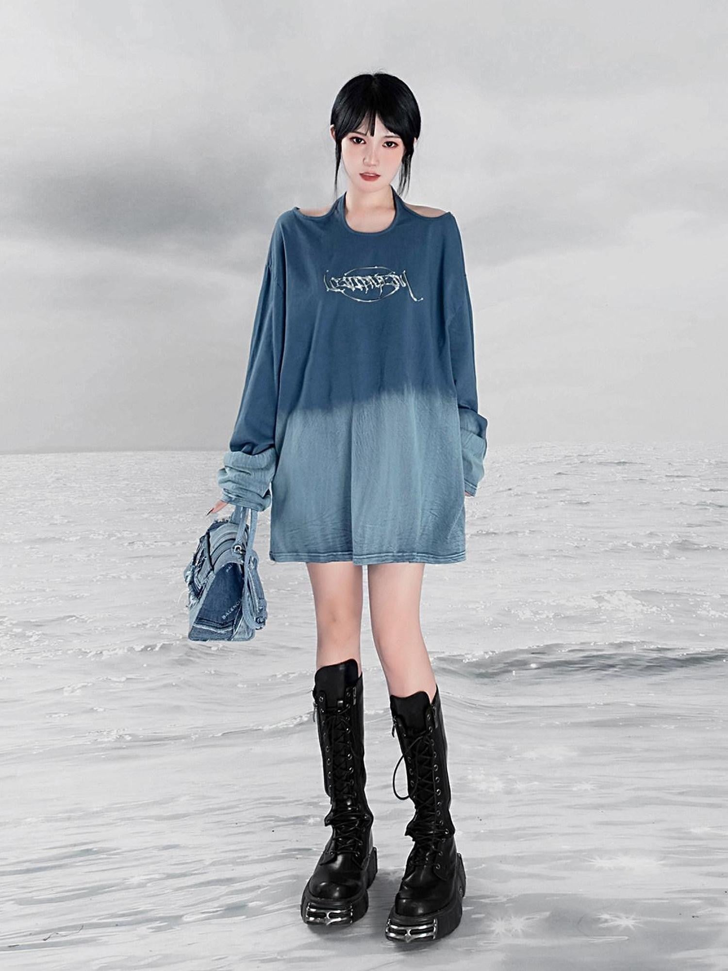 YUBABY Ombre Tie Multiway Loose Women's Metallic Navy Long Sleeve T-shirts