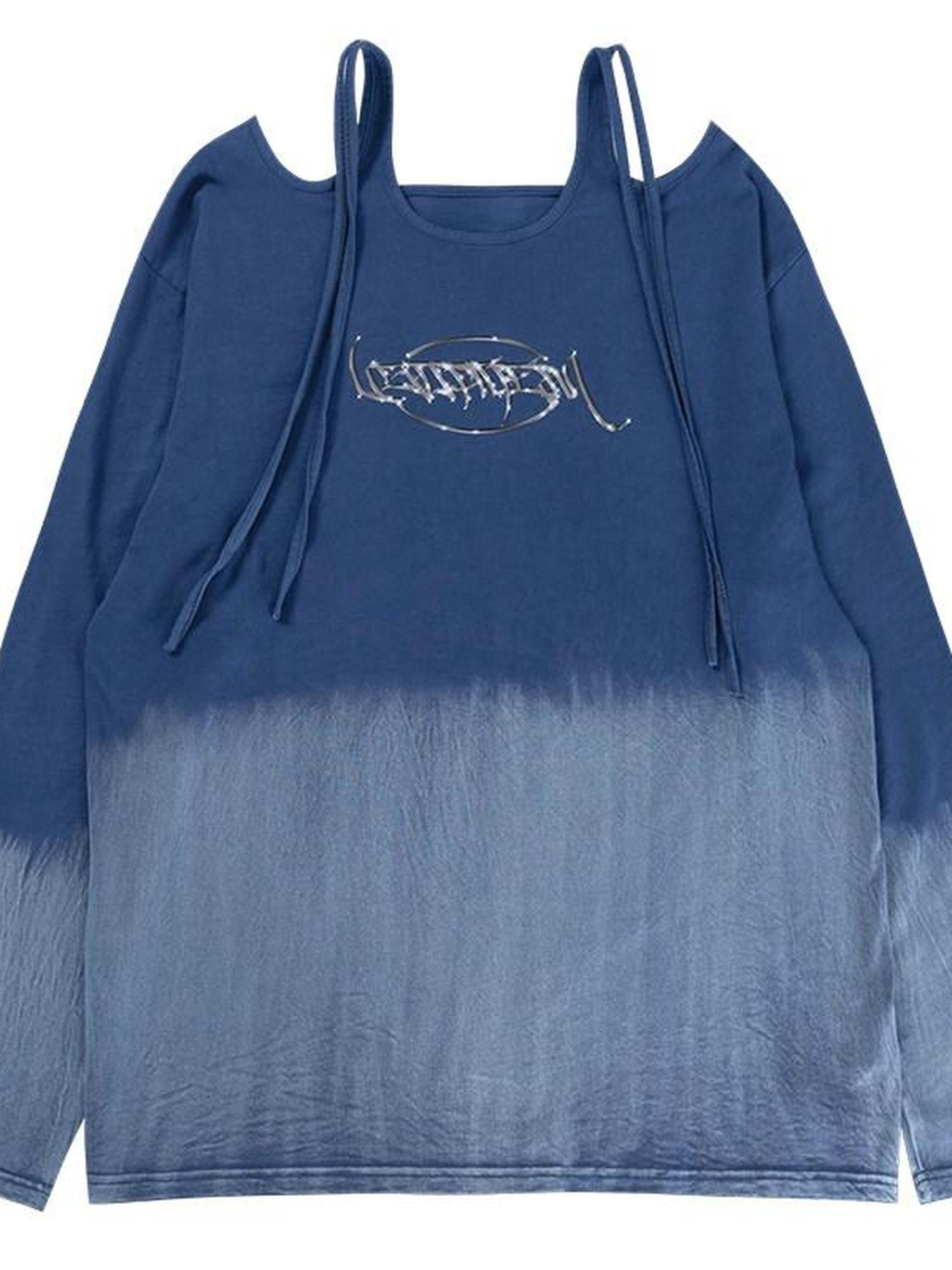 YUBABY Ombre Tie Multiway Loose Women's Metallic Navy Long Sleeve T-shirts