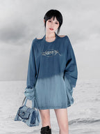 YUBABY Ombre Tie Multiway Loose Women's Metallic Navy Long Sleeve T-shirts