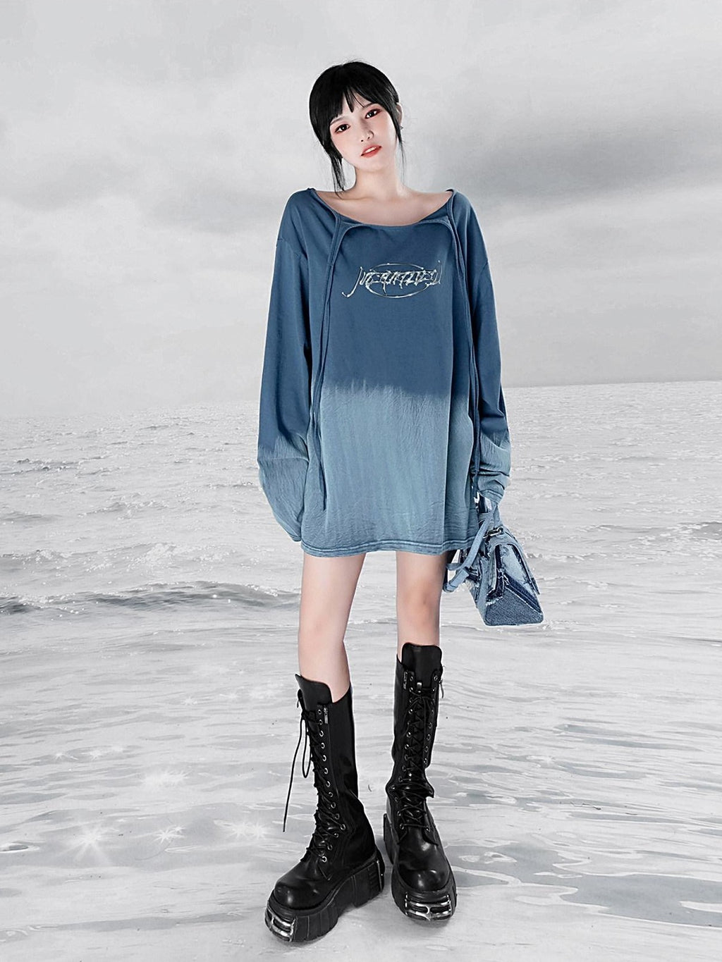 YUBABY Ombre Tie Multiway Loose Women's Metallic Navy Long Sleeve T-shirts