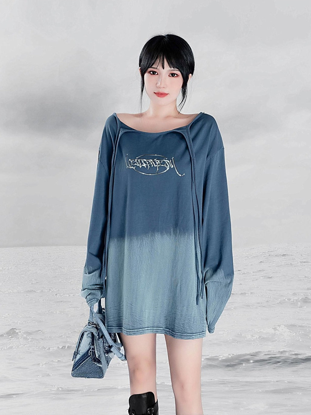 YUBABY Ombre Tie Multiway Loose Women's Metallic Navy Long Sleeve T-shirts