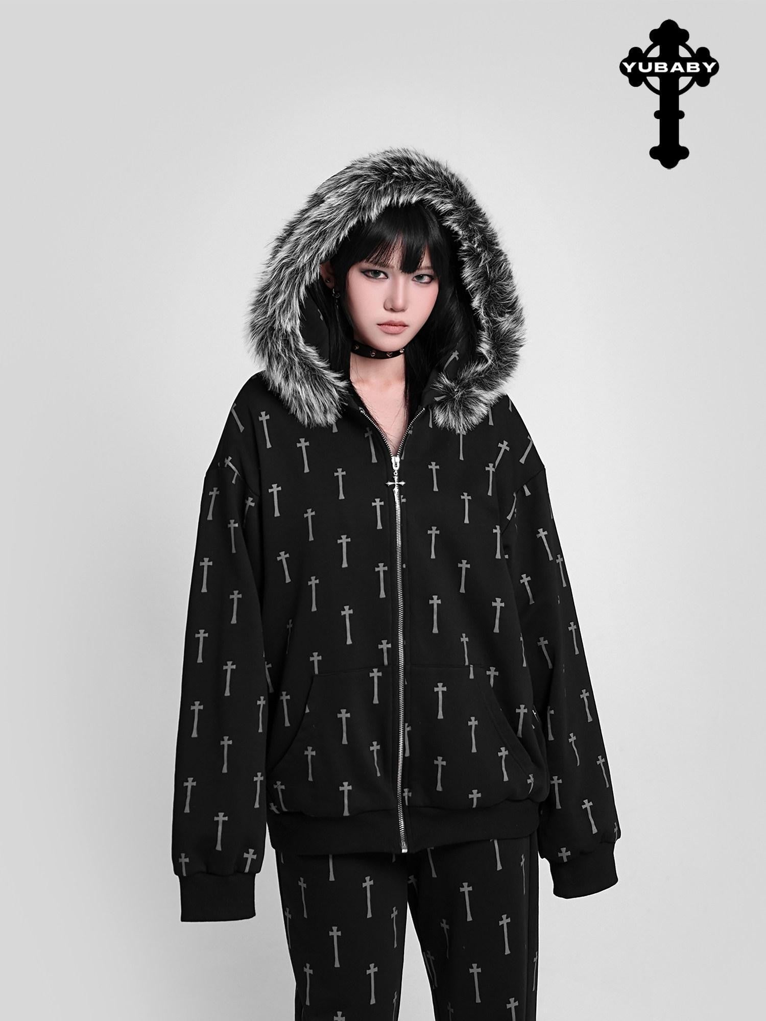 YUBABY Oversized Detachable Fur Collar Cat Ear Allover Cross Print Women's Hoodies