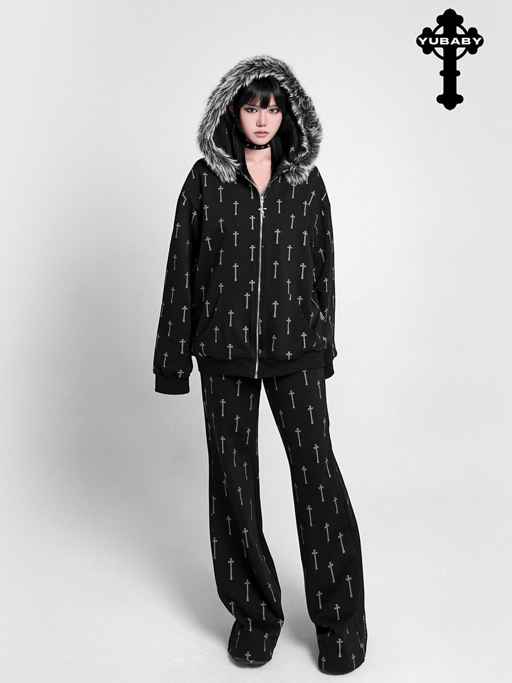 YUBABY Oversized Detachable Fur Collar Cat Ear Allover Cross Print Women's Hoodies