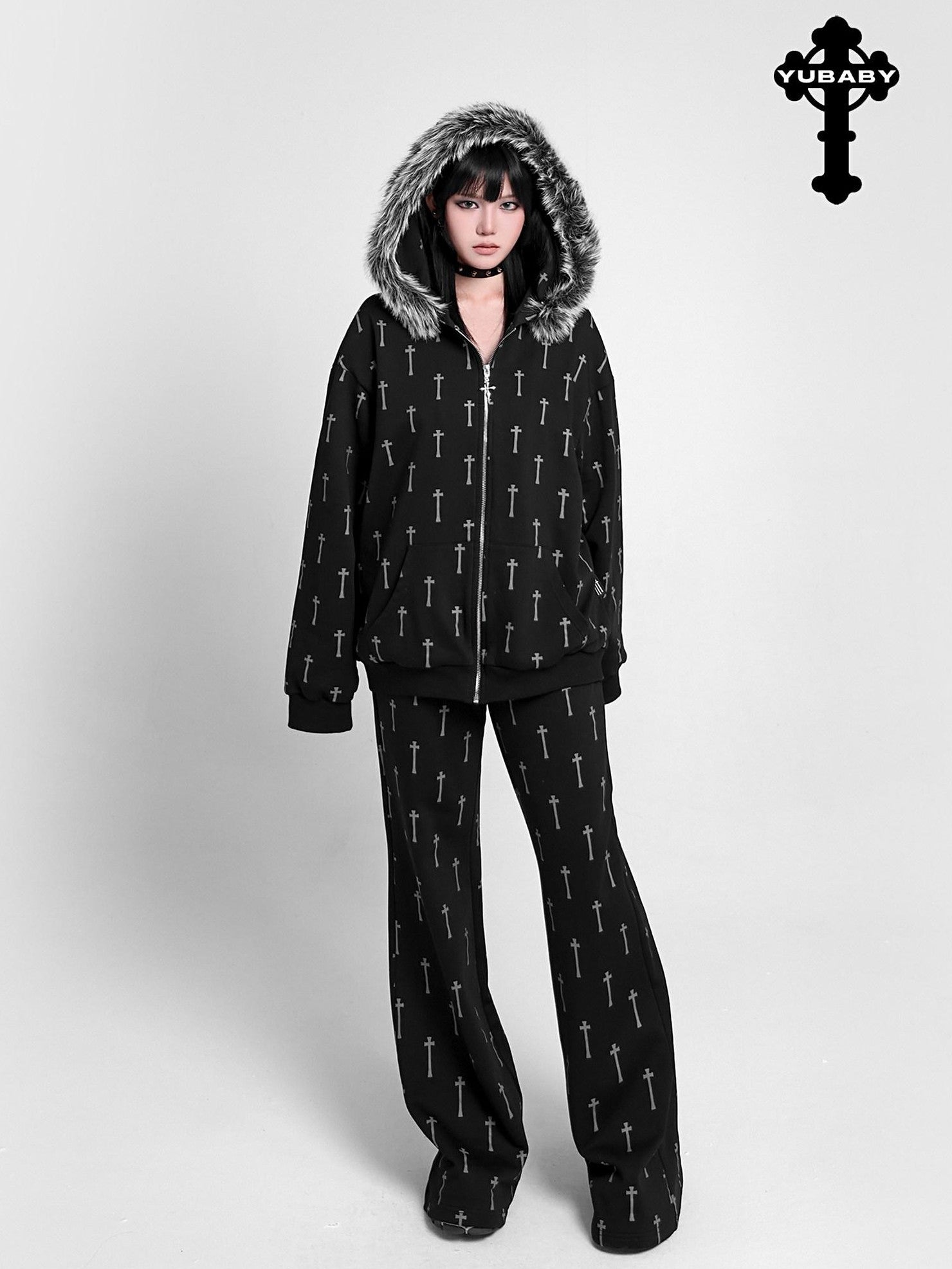 YUBABY Oversized Detachable Fur Collar Cat Ear Allover Cross Print Women's Hoodies