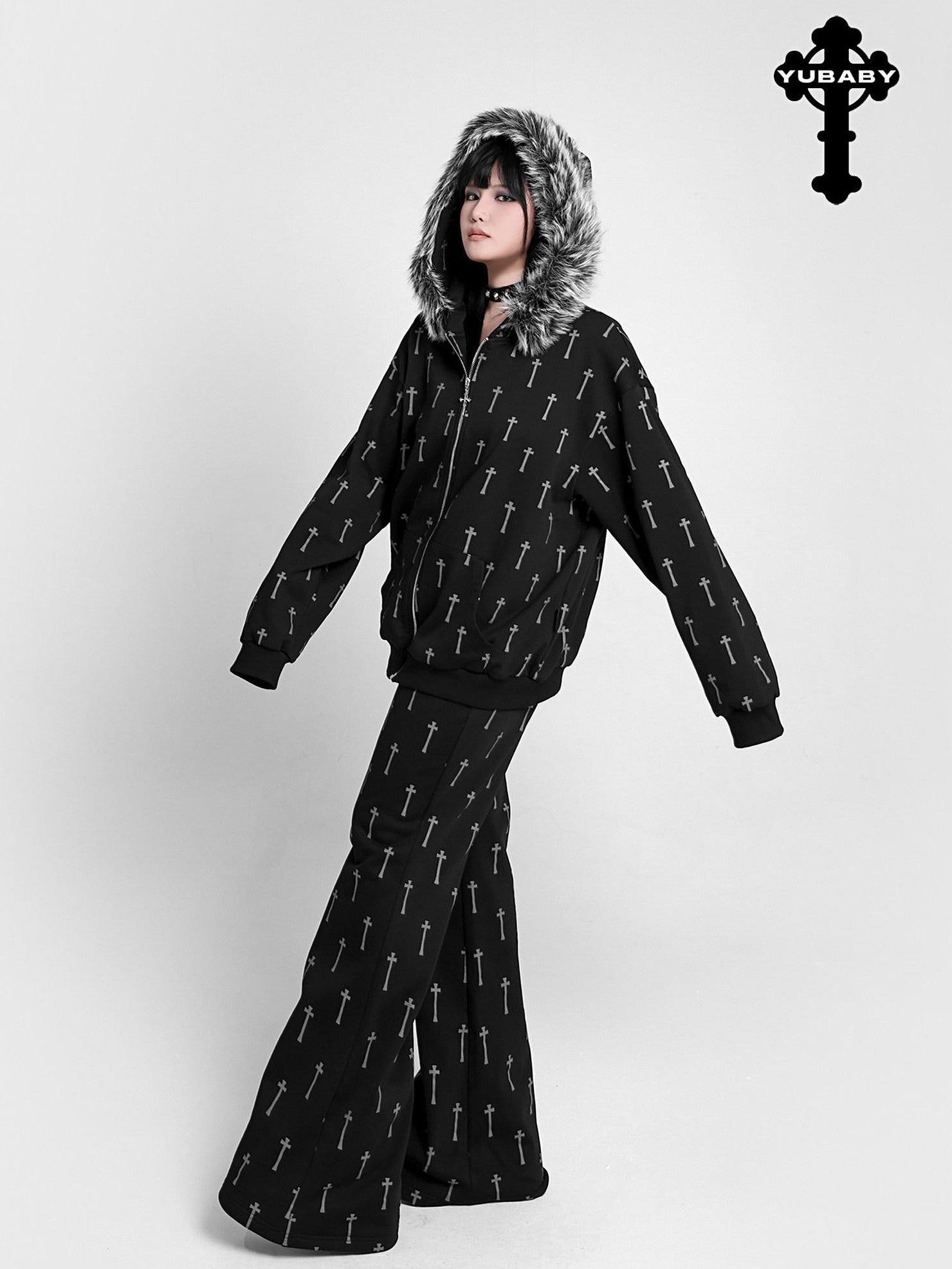 YUBABY Oversized Detachable Fur Collar Cat Ear Allover Cross Print Women's Hoodies