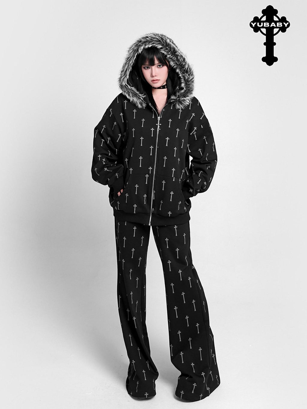 YUBABY Oversized Detachable Fur Collar Cat Ear Allover Cross Print Women's Hoodies