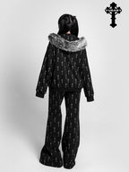 YUBABY Oversized Detachable Fur Collar Cat Ear Allover Cross Print Women's Hoodies