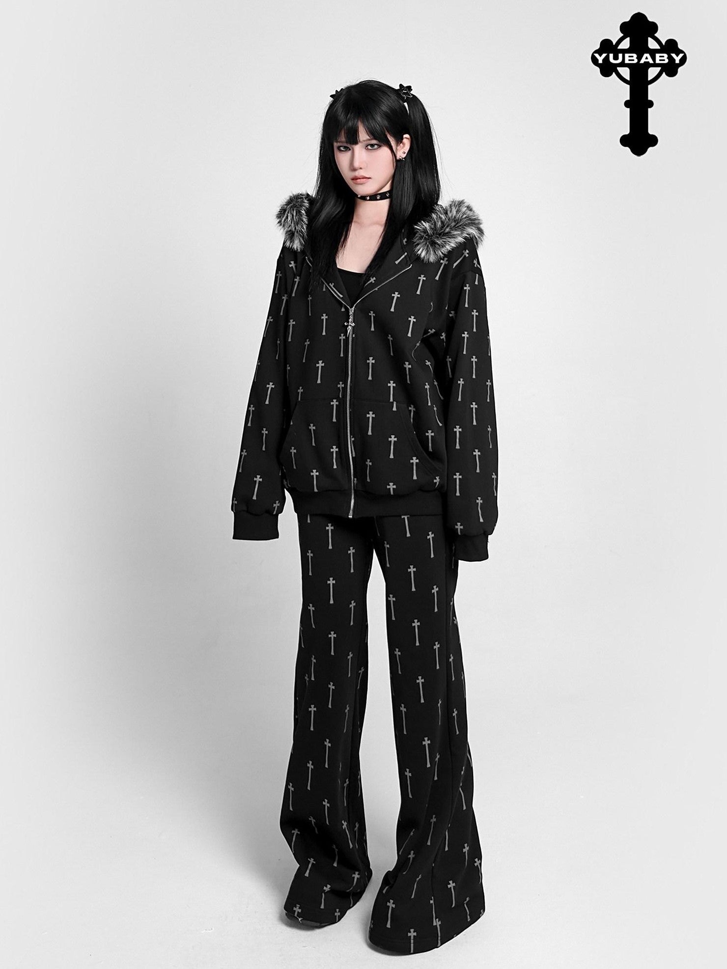 YUBABY Oversized Detachable Fur Collar Cat Ear Allover Cross Print Women's Hoodies