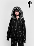 YUBABY Oversized Detachable Fur Collar Cat Ear Allover Cross Print Women's Hoodies