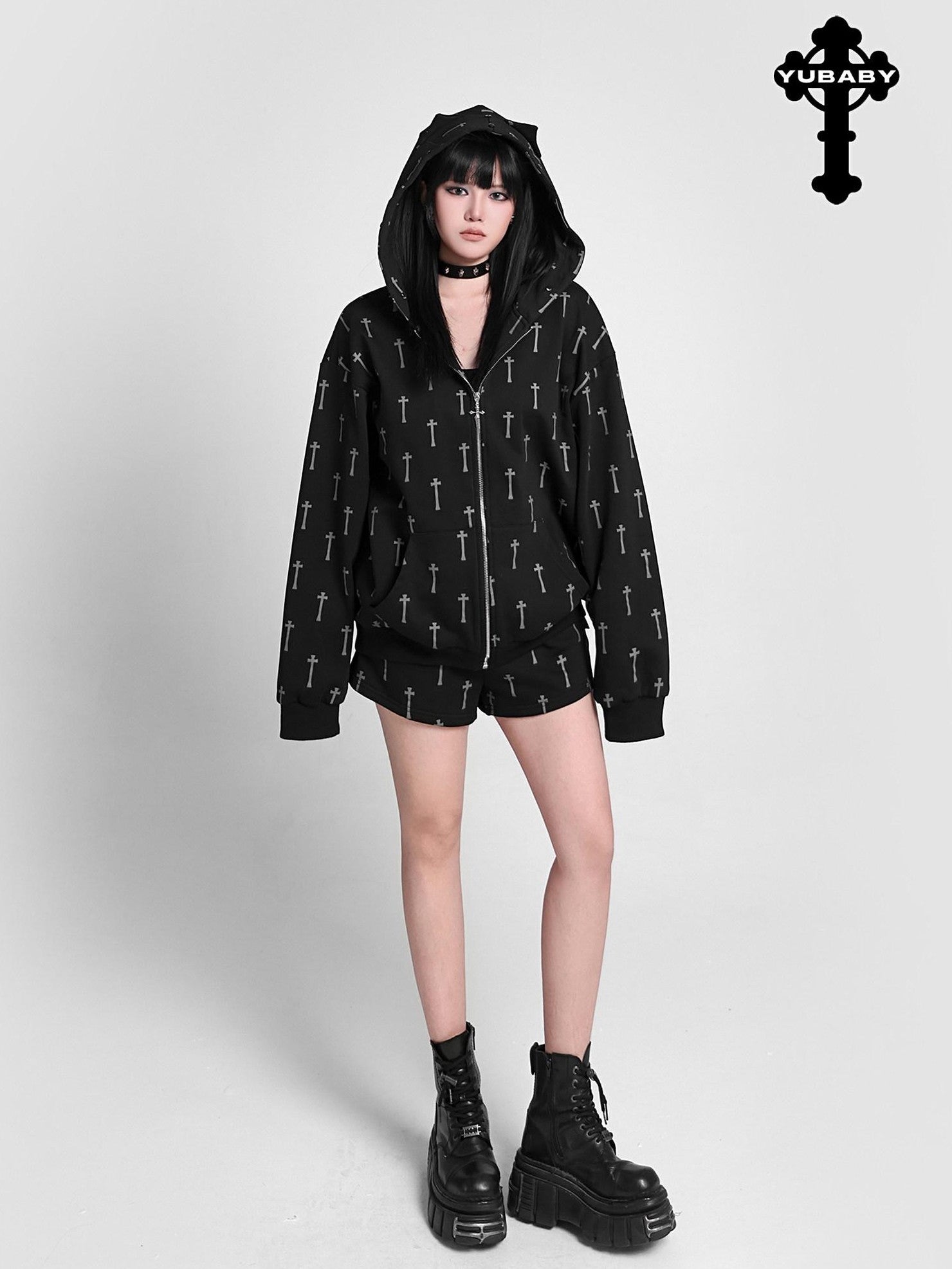 YUBABY Oversized Detachable Fur Collar Cat Ear Allover Cross Print Women's Hoodies