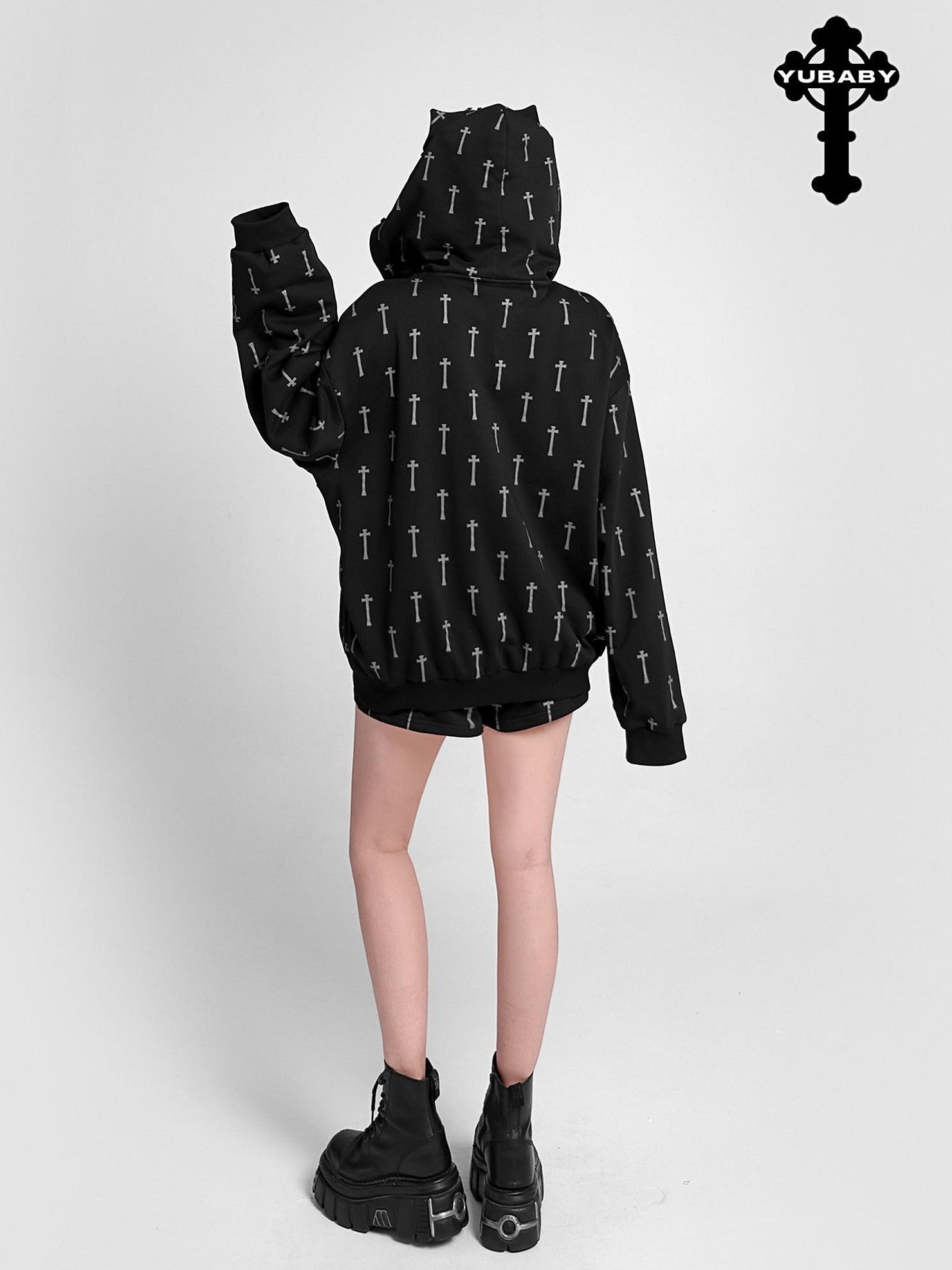 YUBABY Oversized Detachable Fur Collar Cat Ear Allover Cross Print Women's Hoodies
