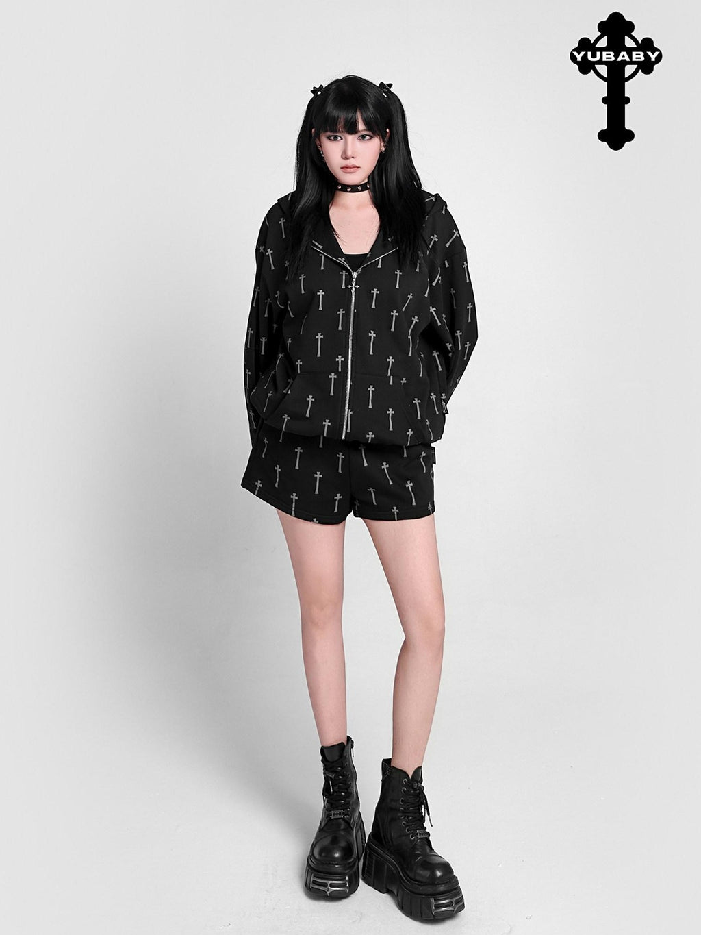 YUBABY Oversized Detachable Fur Collar Cat Ear Allover Cross Print Women's Hoodies