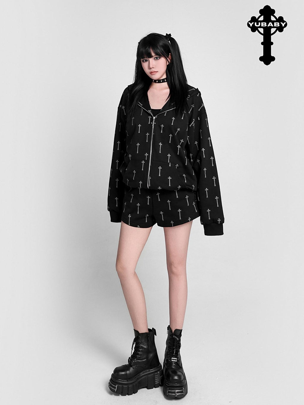 YUBABY Oversized Detachable Fur Collar Cat Ear Allover Cross Print Women's Hoodies