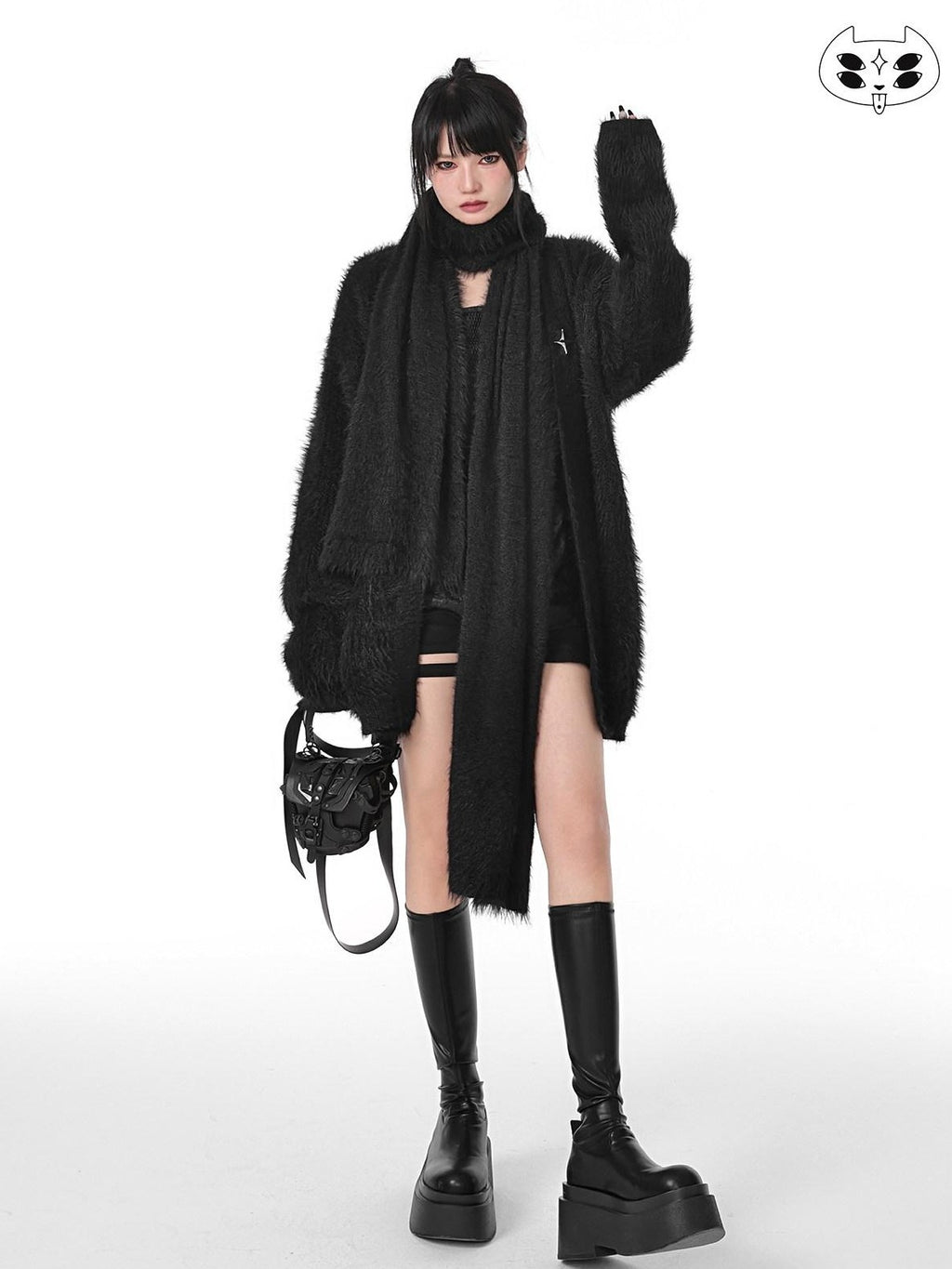 YUBABY Oversized Fuzzy Batwing Metal Star Brooch Gothic Women's Mink Blend Sweaters