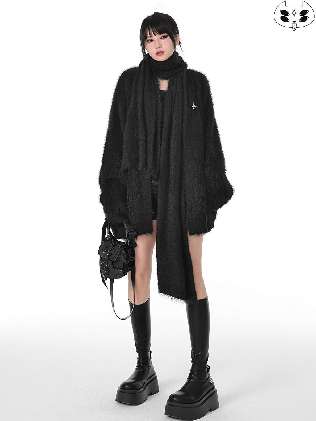 YUBABY Oversized Fuzzy Batwing Metal Star Brooch Gothic Women's Mink Blend Sweaters
