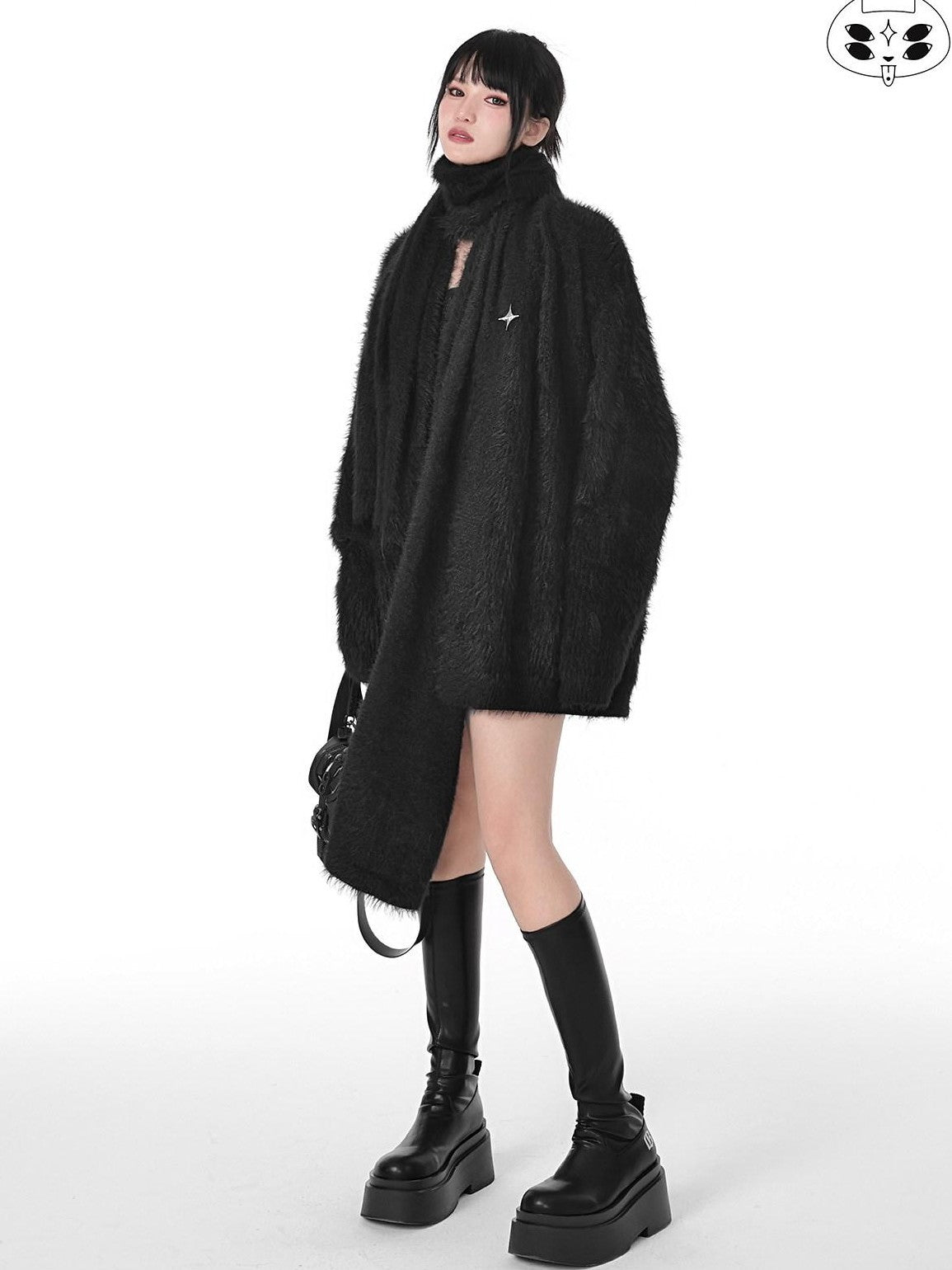 YUBABY Oversized Fuzzy Batwing Metal Star Brooch Gothic Women's Mink Blend Sweaters