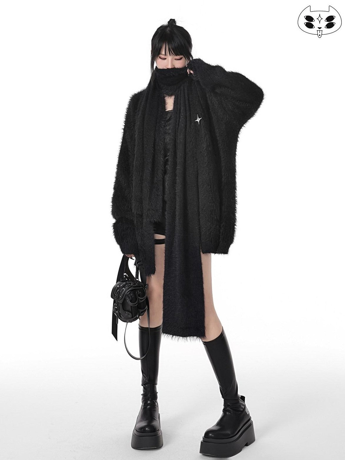 YUBABY Oversized Fuzzy Batwing Metal Star Brooch Gothic Women's Mink Blend Sweaters