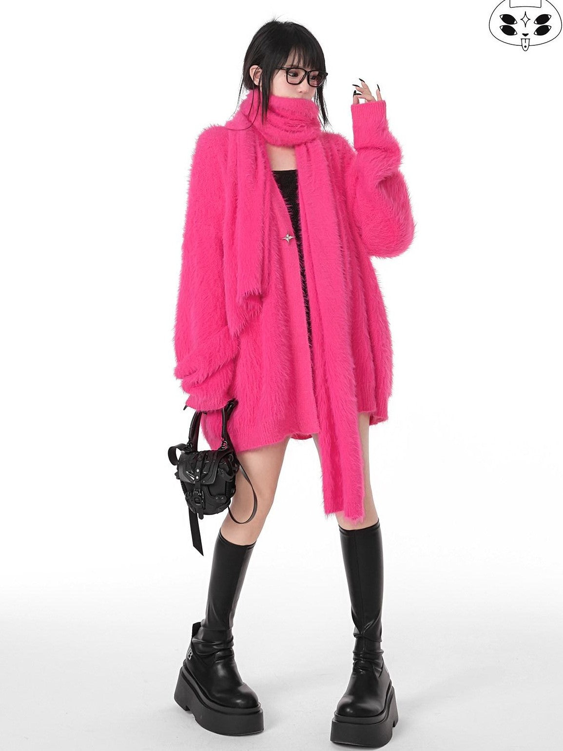 YUBABY Oversized Fuzzy Batwing Metal Star Brooch Gothic Women's Mink Blend Sweaters