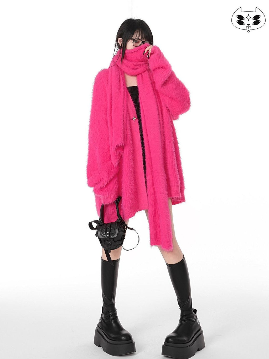 YUBABY Oversized Fuzzy Batwing Metal Star Brooch Gothic Women's Mink Blend Sweaters