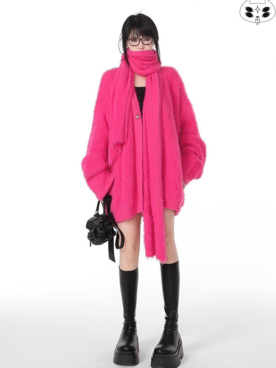 YUBABY Oversized Fuzzy Batwing Metal Star Brooch Gothic Women's Mink Blend Sweaters