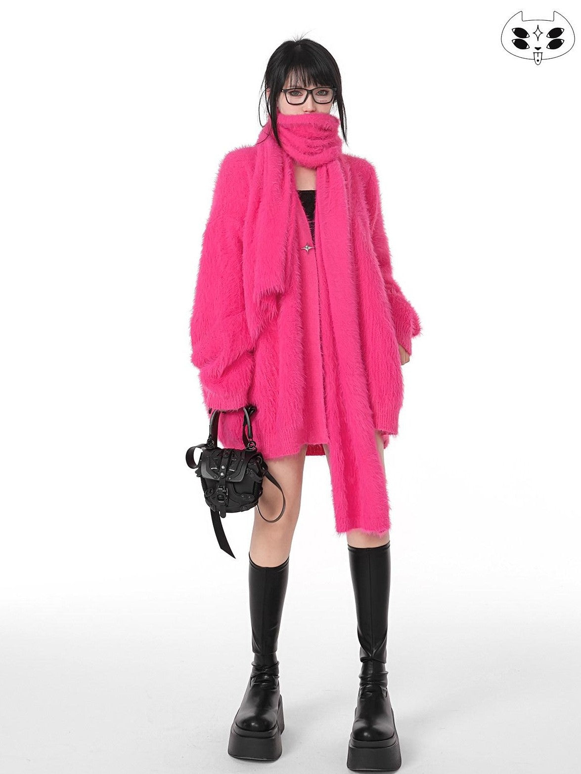 YUBABY Oversized Fuzzy Batwing Metal Star Brooch Gothic Women's Mink Blend Sweaters