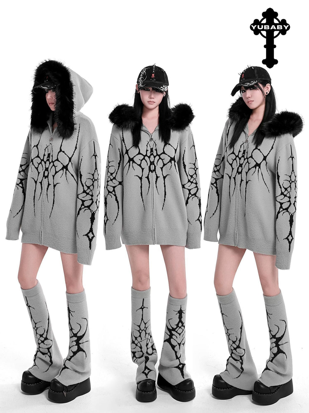 YUBABY Oversized Zippered Detachable Fur Collar Gothic Totem Women's Faux Alpaca Hoodies