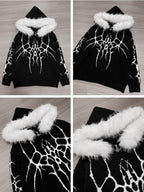 YUBABY Oversized Zippered Detachable Fur Collar Gothic Totem Women's Faux Alpaca Hoodies