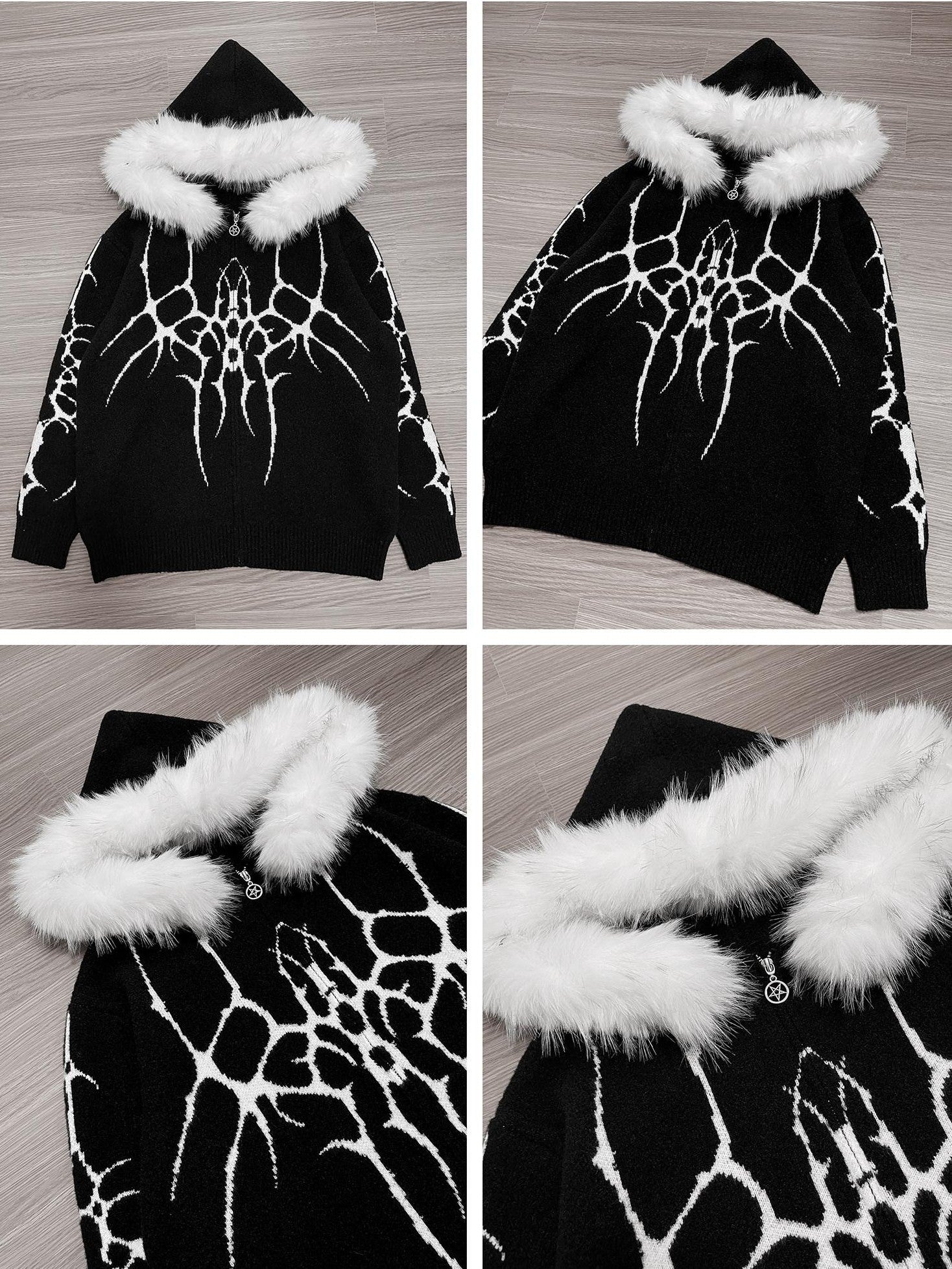 YUBABY Oversized Zippered Detachable Fur Collar Gothic Totem Women's Faux Alpaca Hoodies