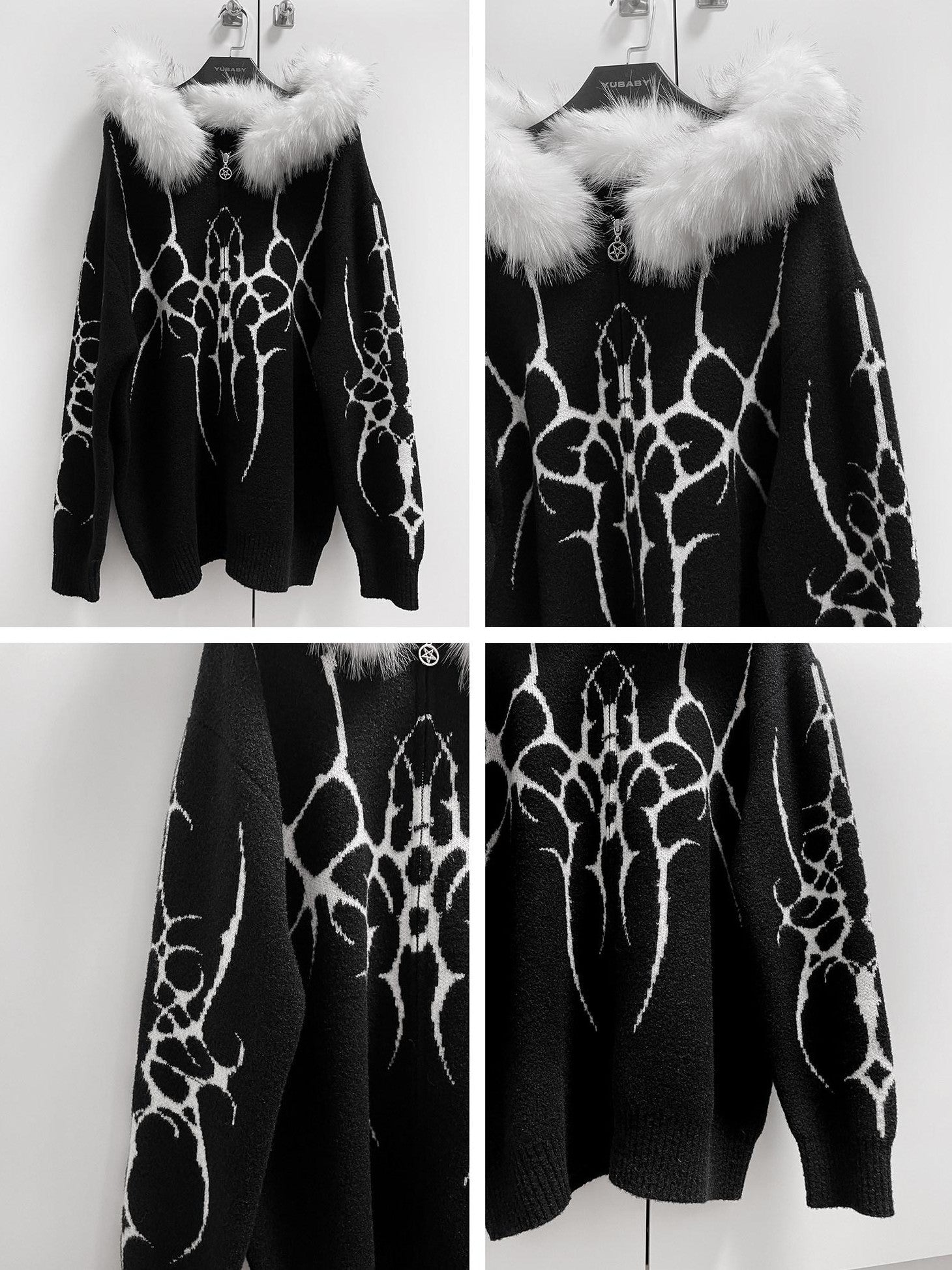 YUBABY Oversized Zippered Detachable Fur Collar Gothic Totem Women's Faux Alpaca Hoodies