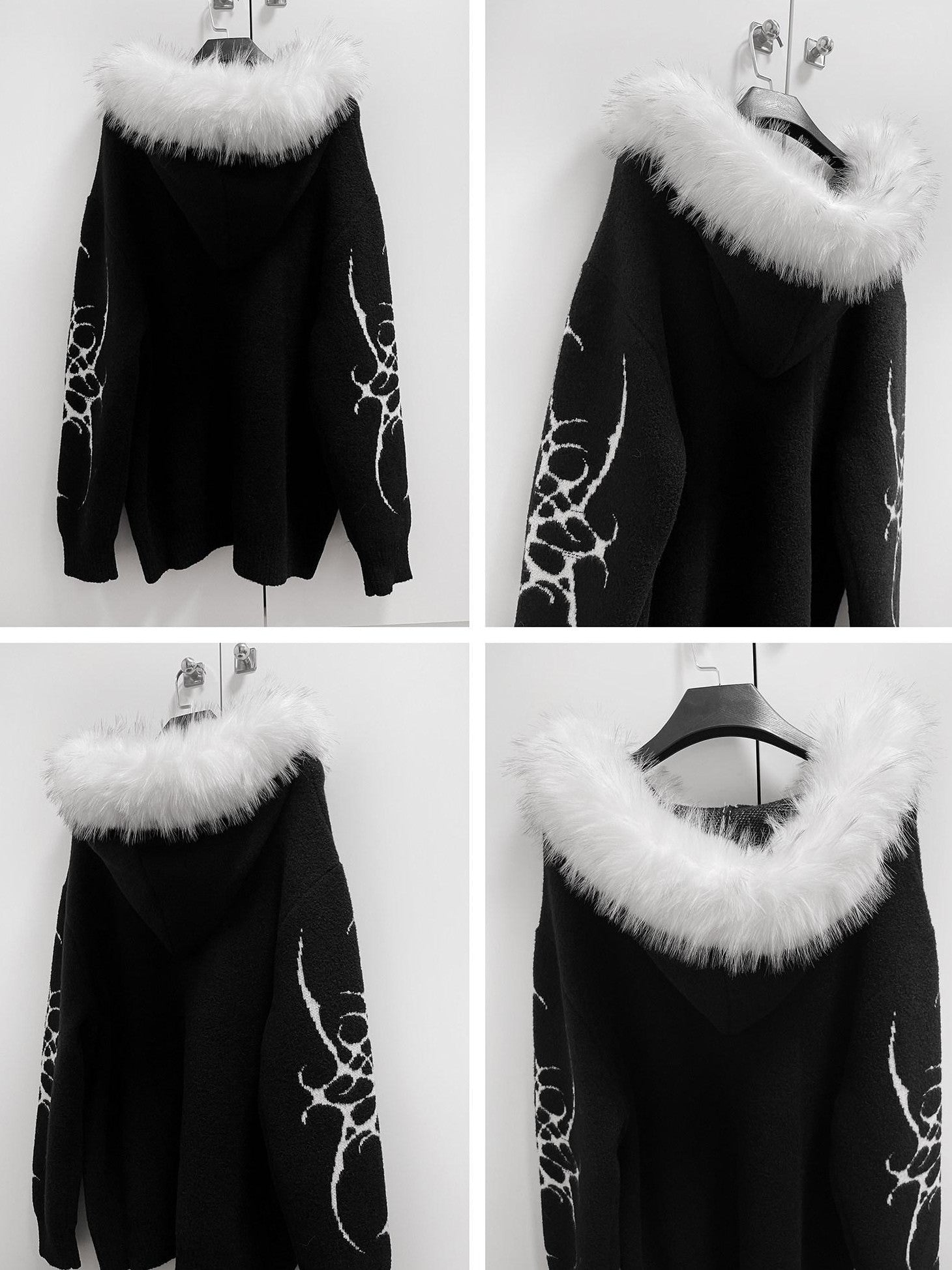 YUBABY Oversized Zippered Detachable Fur Collar Gothic Totem Women's Faux Alpaca Hoodies