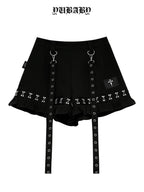 YUBABY Plaid Metal Lace Punk Puff Wide Leg Detachable Straps Women's Short Trousers