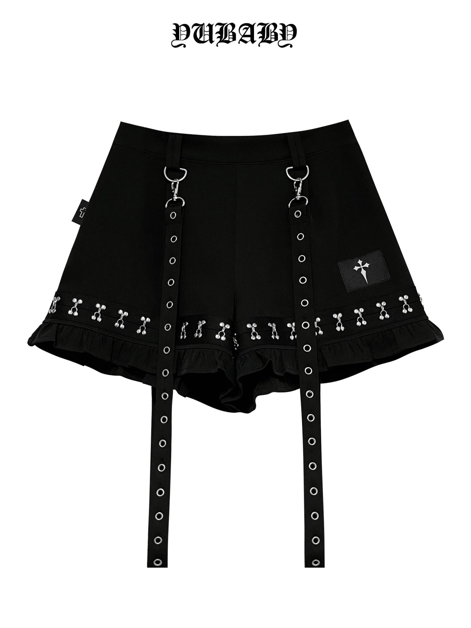 YUBABY Plaid Metal Lace Punk Puff Wide Leg Detachable Straps Women's Short Trousers