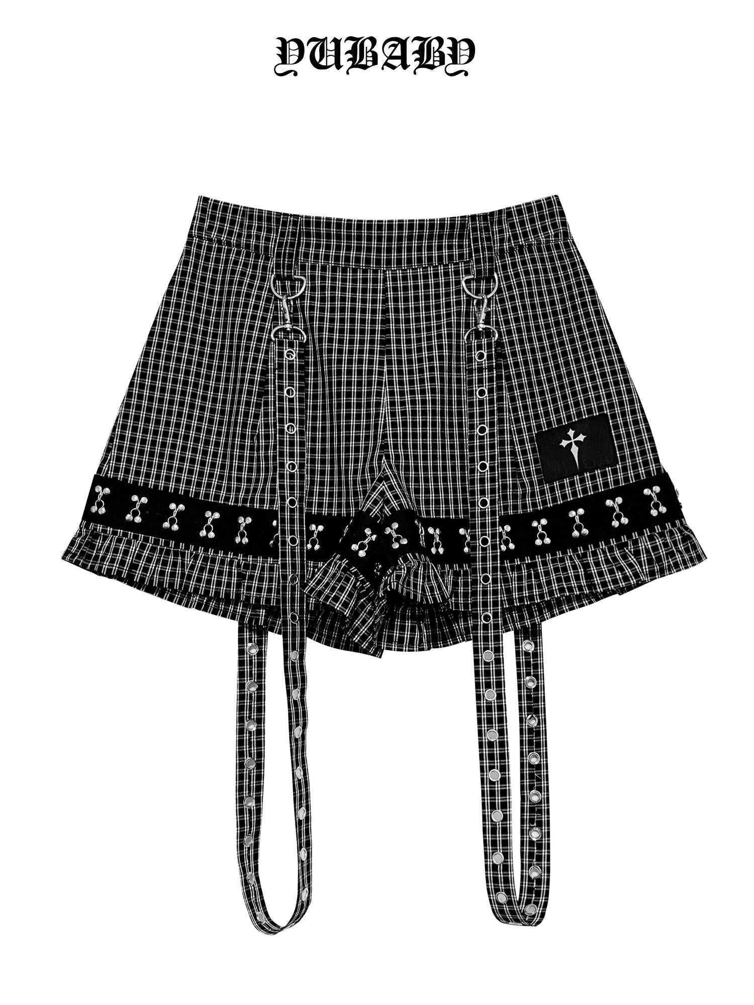 YUBABY Plaid Metal Lace Punk Puff Wide Leg Detachable Straps Women's Short Trousers