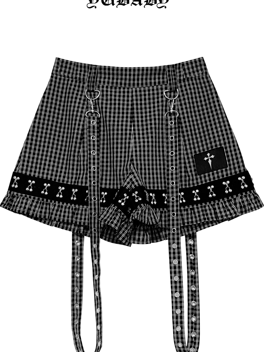 YUBABY Plaid Metal Lace Punk Puff Wide Leg Detachable Straps Women's Short Trousers