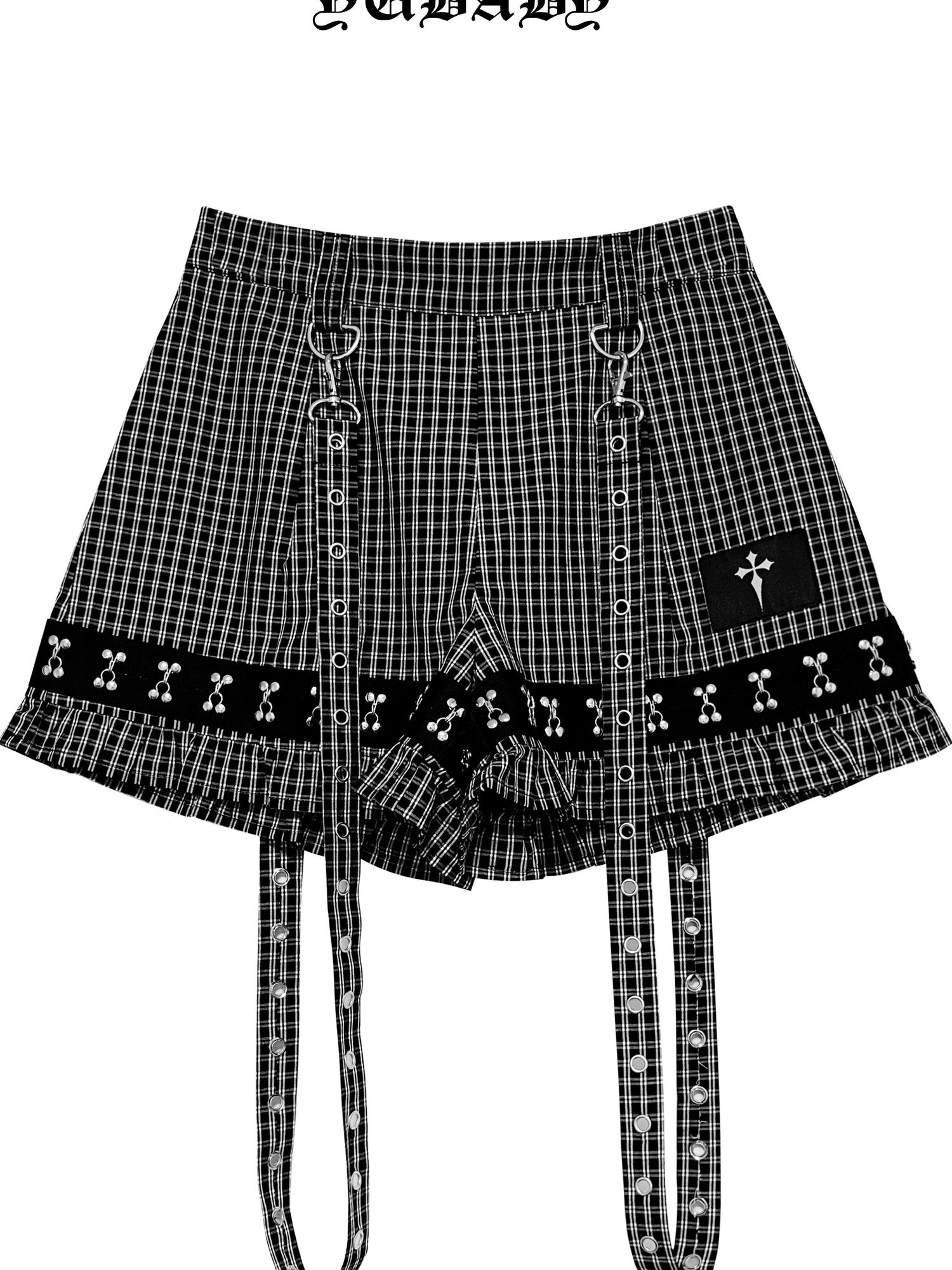 YUBABY Plaid Metal Lace Punk Puff Wide Leg Detachable Straps Women's Short Trousers