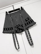 YUBABY Plaid Metal Lace Punk Puff Wide Leg Detachable Straps Women's Short Trousers