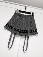 YUBABY Plaid Metal Lace Punk Puff Wide Leg Detachable Straps Women's Short Trousers