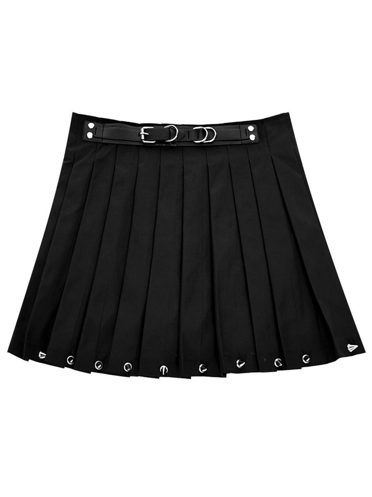 YUBABY Pointed Stud Belted Pleated Women's Polyester Blend Mini Skirts
