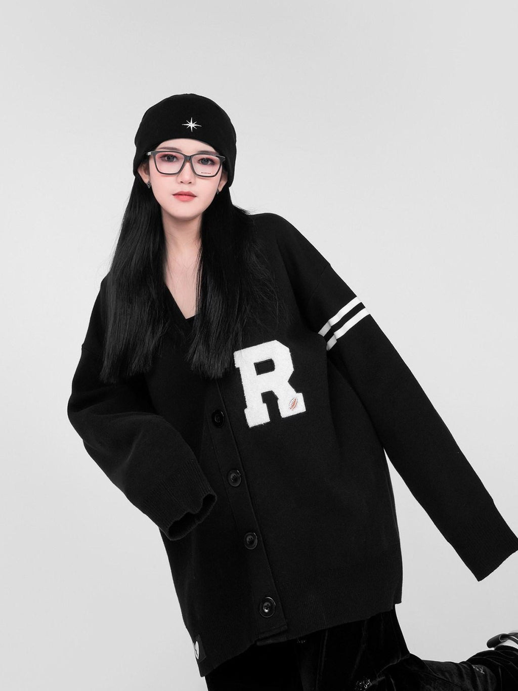 YUBABY Preppy British V-neck Single Button Women's Rabbit Hair Cardigans