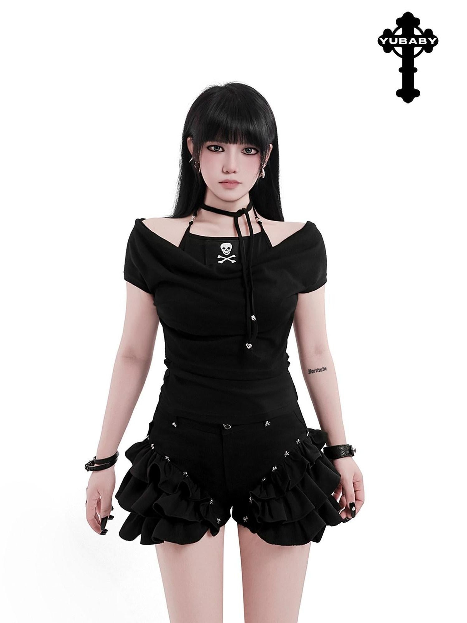 YUBABY Puffy Large Lace Wavy Layered Ruffle Gothic Mid Rise Women's Denim Skorts