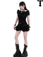 YUBABY Puffy Large Lace Wavy Layered Ruffle Gothic Mid Rise Women's Denim Skorts